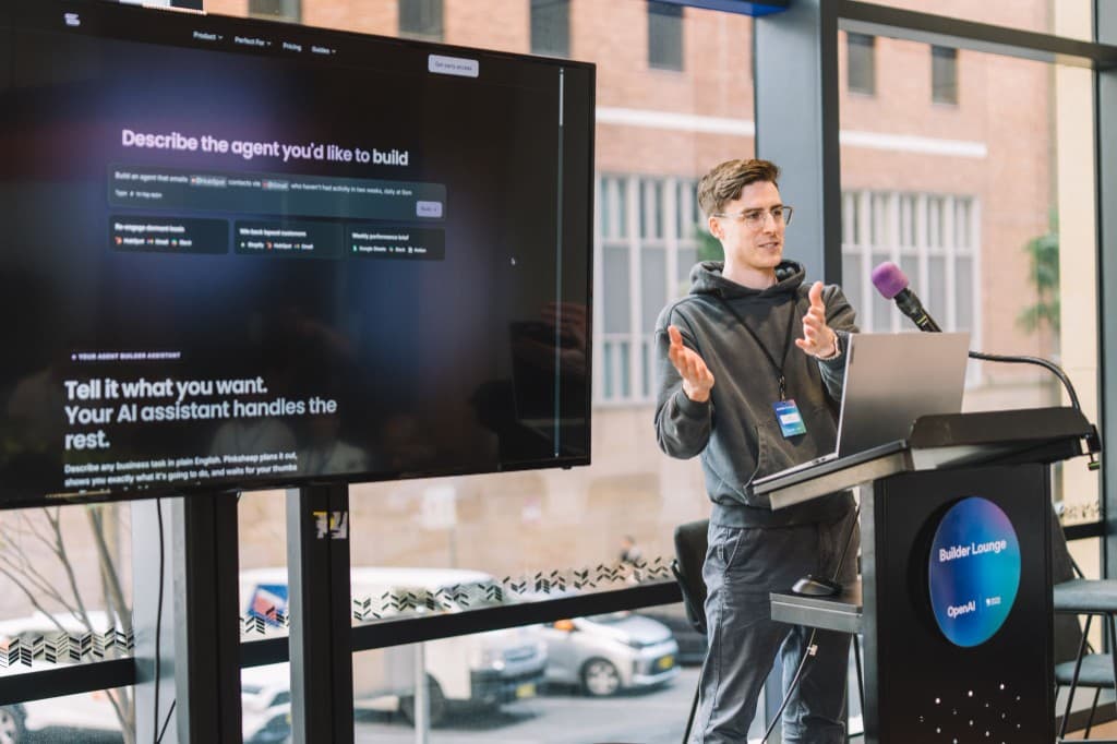 Nick Hugh presenting Pinksheep, an AI agent builder, at the OpenAI Builder Lounge in Sydney hosted by Stone and Chalk, March 2026